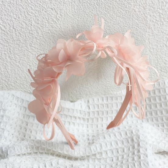 Soft Yarn Headband with Gauze Flowers Faux Pearls Decor Romantic Style Elastic Crown Hairband Parties Weddings Daily Wear