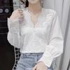 Embroidered Elegant White Lace Blouse Women V-neck Vintage Woman Shirt Wavy Cut Long Sleeve Blouses Office Lady Tops 17381