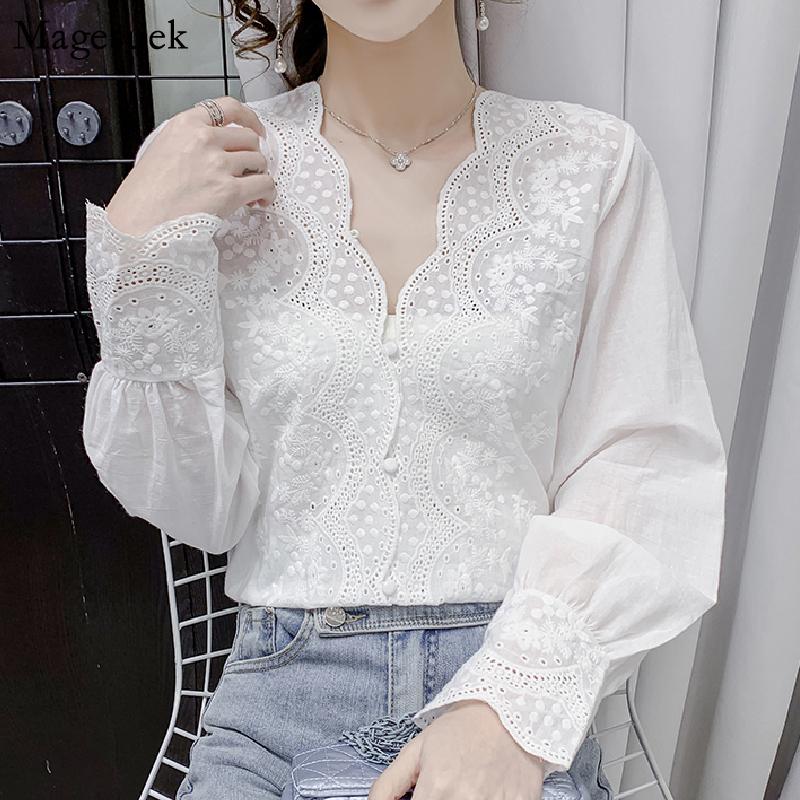 Embroidered Elegant White Lace Blouse Women V-neck Vintage Woman Shirt Wavy Cut Long Sleeve Blouses Office Lady Tops 17381