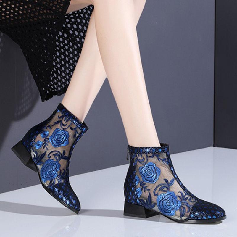 Low Heel Wrapped Toe Sandals Female Thick Heel Mesh Flat Bottom Mesh Boots Embroidered Ethnic Sandals Spring and Summer