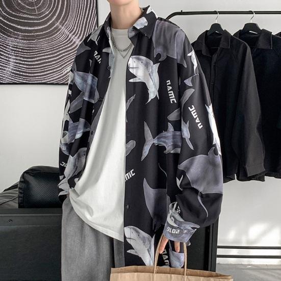 Весенне-летняя мужская рубашка с принтом акулы, однобортный отложной воротник с длинным рукавом, свободная уличная одежда средней длины, мужской топ для отпуска