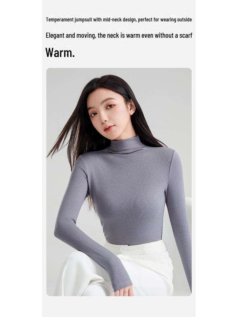 Wool Mid-Neck Slim Fit Women's Long-Sleeve Top, Versatile Autumn/Winter Layering, Warm & Cozy