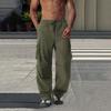 Мужские брюки карго, эластичный пояс, однотонные прямые рабочие брюки, повседневные брюки для бега и походов с кулиской и множеством карманов
