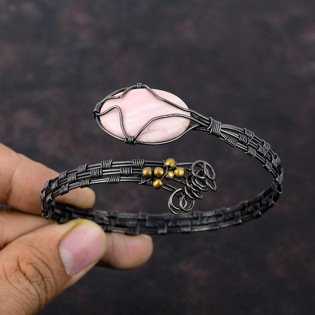 Браслет из розового опала, браслет-манжета из медной проволоки, регулируемый браслет, ювелирные изделия из медной проволоки, манжеты ручной работы, браслет из натурального драгоценного камня, подарок для мамы