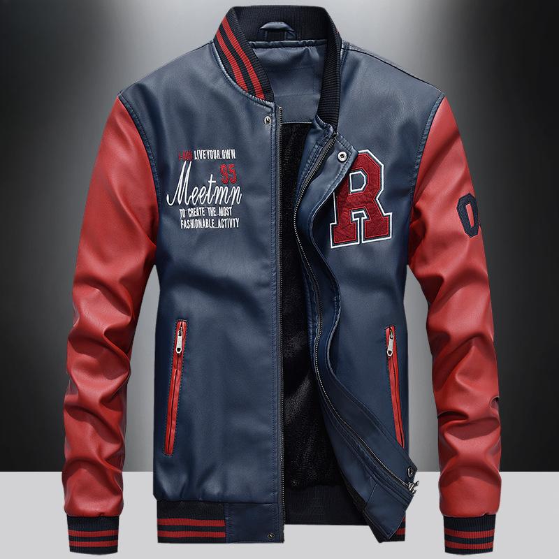 Autumn/Winter Leather Men's and Fleece Motorcycle Leather Jacket Trend Youth Baseball Clothing Embroidered Leather Jacket