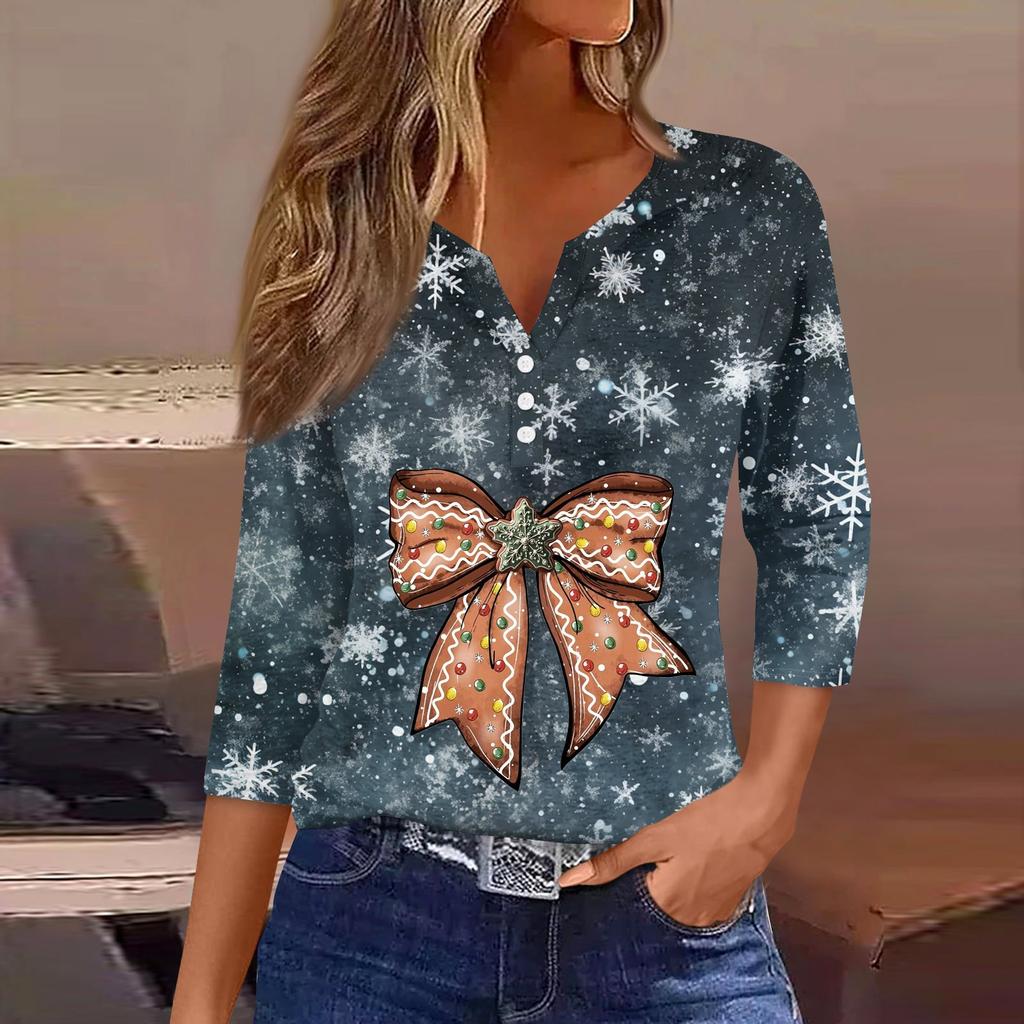 Женская рубашка с рукавом семь дюймов, напечатанная в стиле ретро, повседневная, свободная, с V-образным вырезом, рождественская