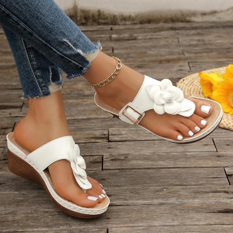 Fashion Flower Wedges Slippers Women Mid Heels Shoes Clip Toe Sandals 2024 Casual Walking Flip Flops New Summer Platform Female Slides