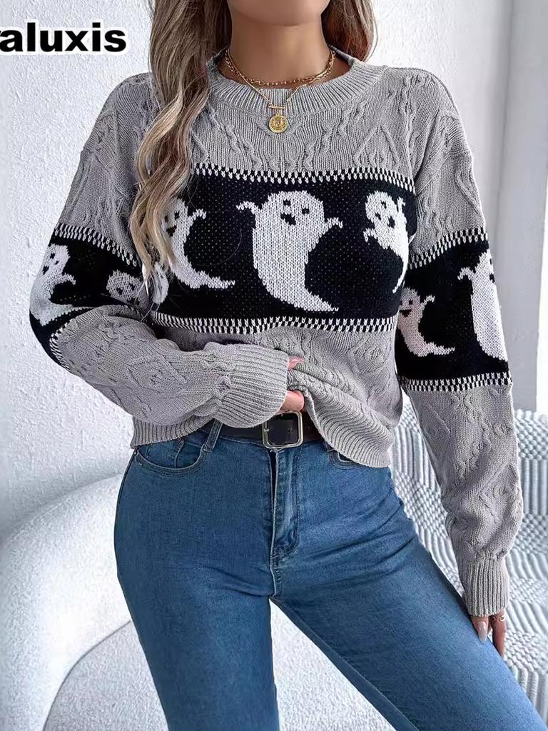 Autumn Halloween Theme Ghost Color Block Long Sleeve Crewneck Sweater Women's Clothing