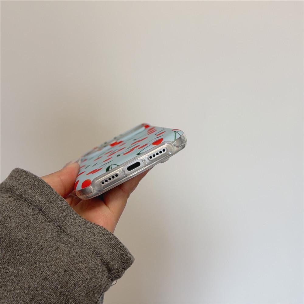 Матовый Синий Чехол с Вишней в Корейском Стиле для iPhone 13-17 Pro/Pro Max, Дизайн под Кожу для Женщин