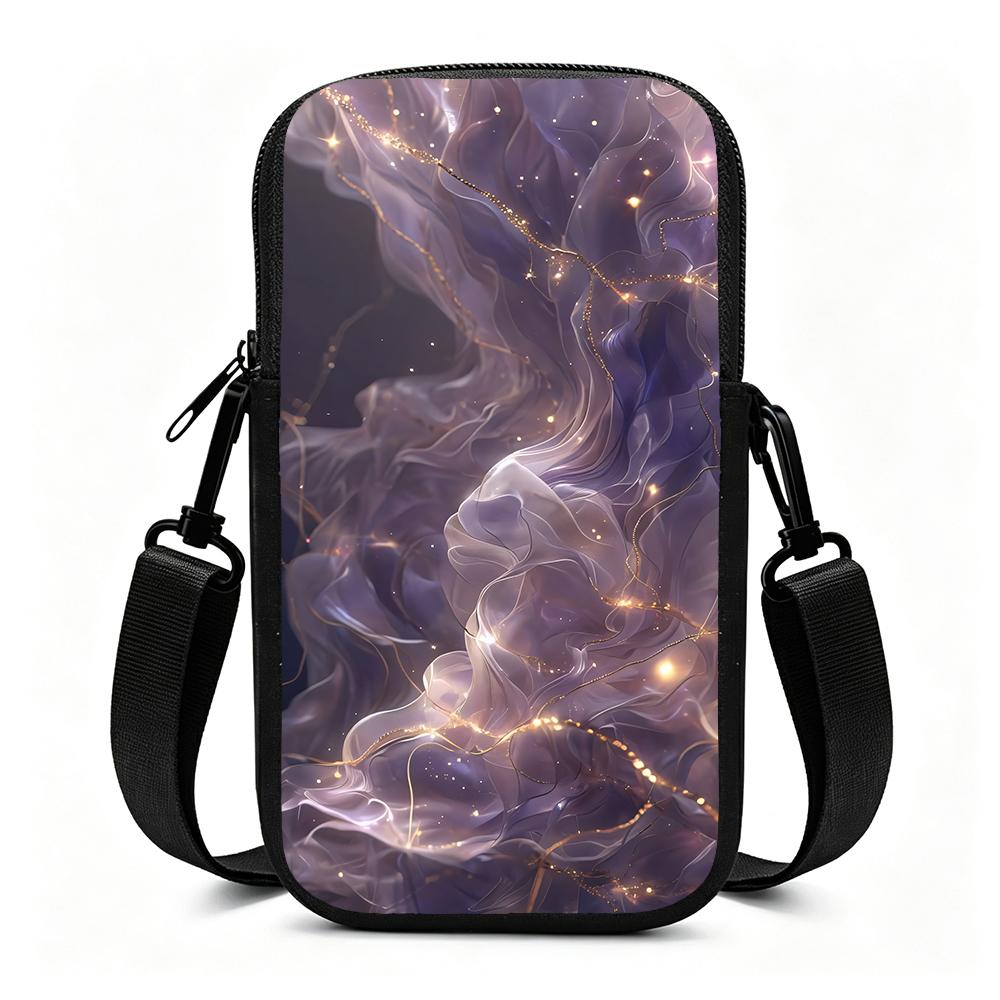 Ethereal Purple Flowing Silk Abstract Gold Glitter Christmas Decor Crossbody Phone Bag, Elegant Festive Sling Pouch, Holiday Party Gift Accessory