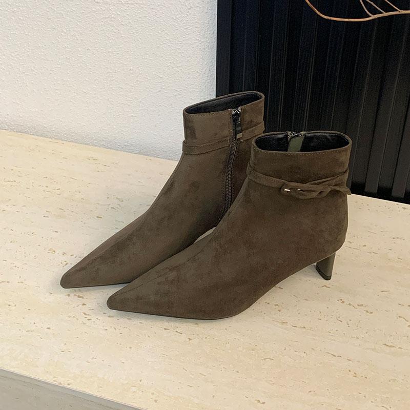 New Female Pointed Toe Modern Ladies Ankle Boots With Zippers Shoes Flock Women Short Boots Heels Shoes Pumps