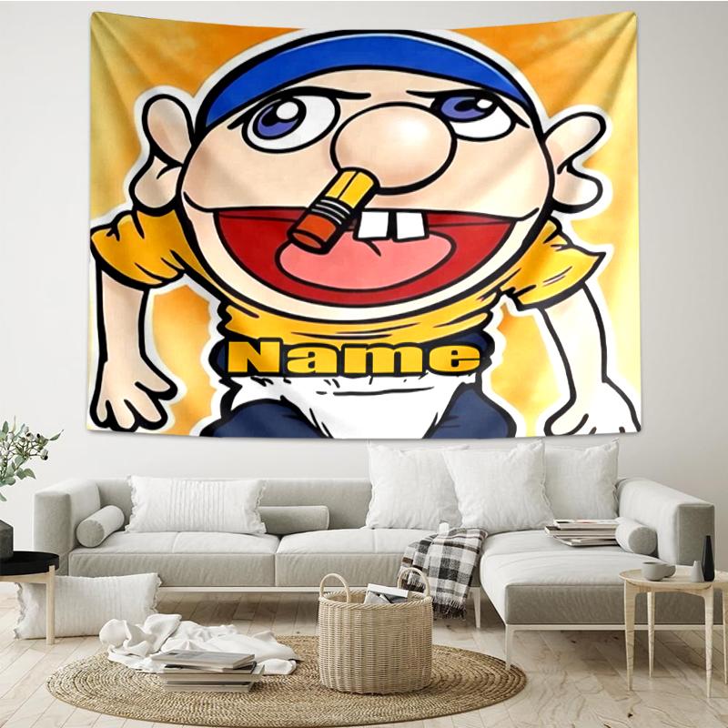 Custom Name Jeffy Print Tapestry, Backdrop, Easy Setup, Ideal for Bedroom, Office & Living Room, with Aesthetic Wall Hanging Decor.