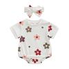 Infant Baby Girl Summer Jumpsuit Flower Print Round Neck Short Sleeve Romper with Bow Headband