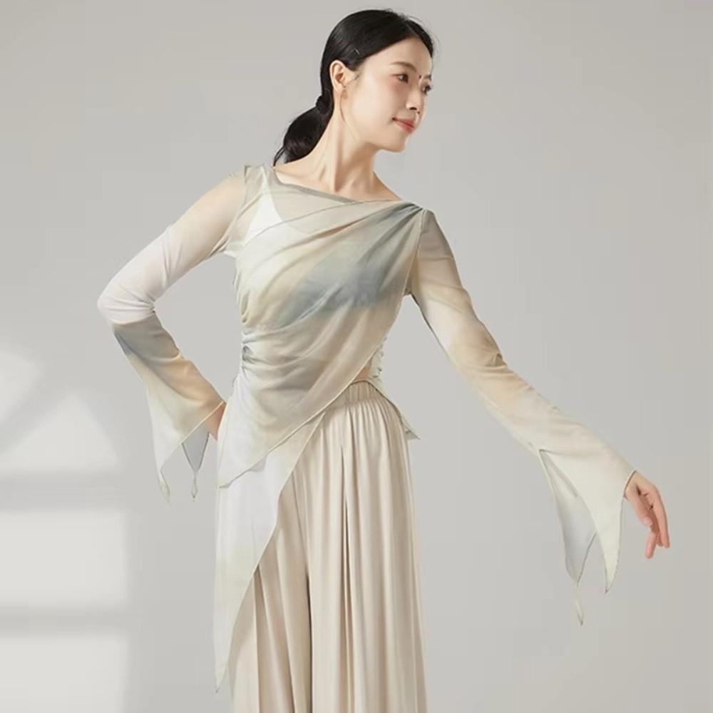 Long Slit Classical Dance Mesh Top Prints Chinese Hanfu Women Dance Wear