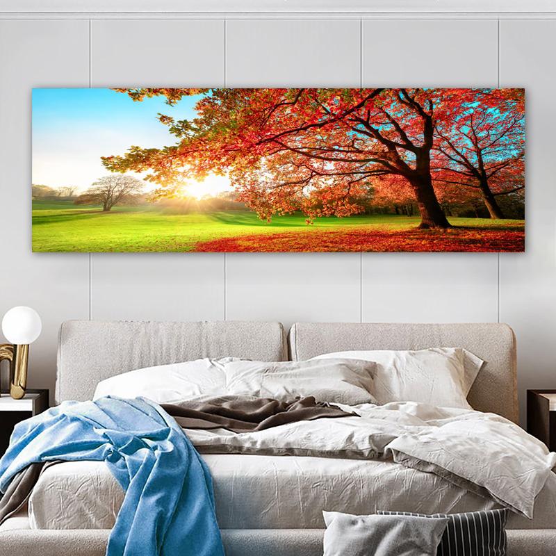 Современная панорамная картина на холсте с изображением цветочного поля на закате в ярких зеленых и красных тонах