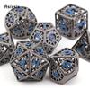 7 Pcs  Black Blue Gear Wheel Metal Dice Hollow Metal Polyhedral Dice Set Suitable for Role-Playing RPG  Board Game Card Game