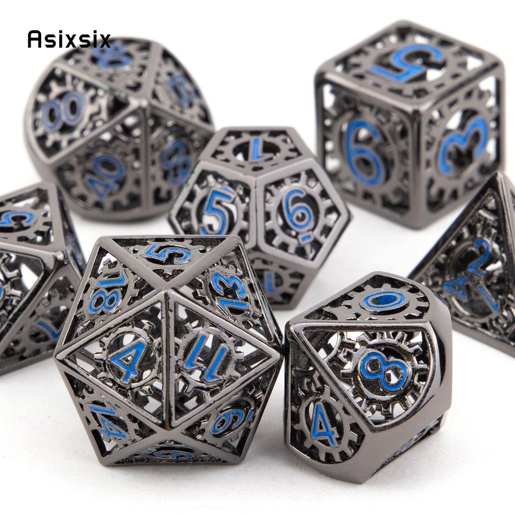 7 Pcs Black Blue Gear Wheel Metal Dice Hollow Metal Polyhedral Dice Set Suitable for Role-Playing RPG Board Game Card Game