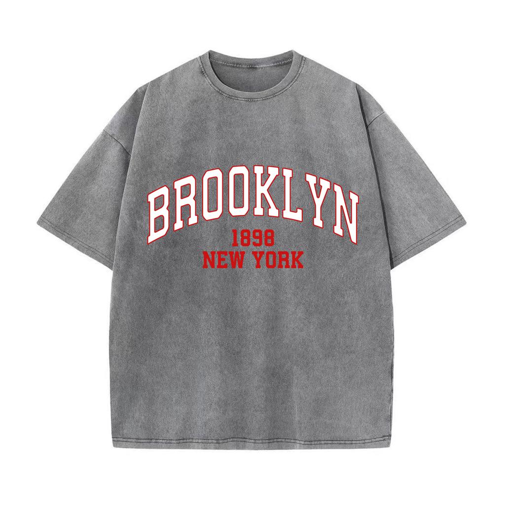 Retro Washed Vintage Brooklyn 1898 T-Shirt High Quality T-Shirts Summer Oversized Short Sleeve Clothes Cotton Loose Street Tops