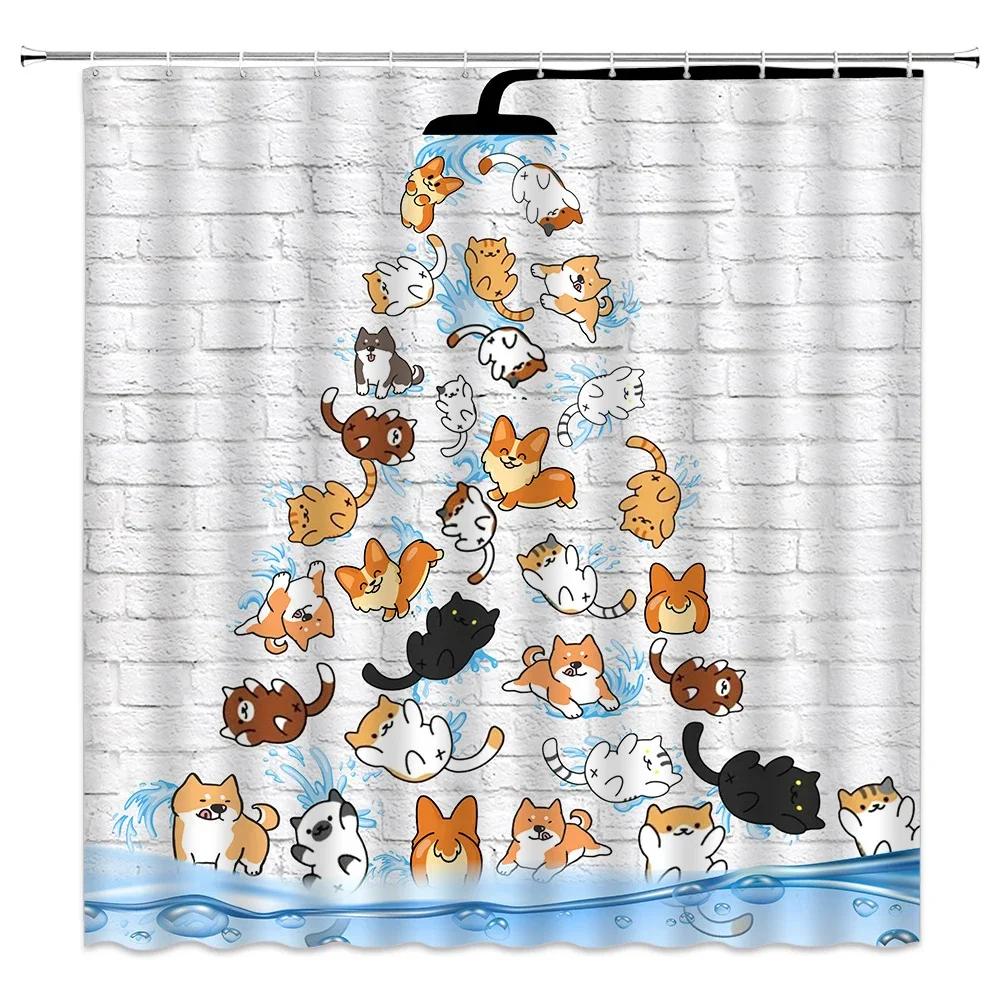 Animal Shower Curtain, Cartoon Cat Dog Bathtub Shower Cute Kids Boys Girls Bathroom Decorative Shower Curtains