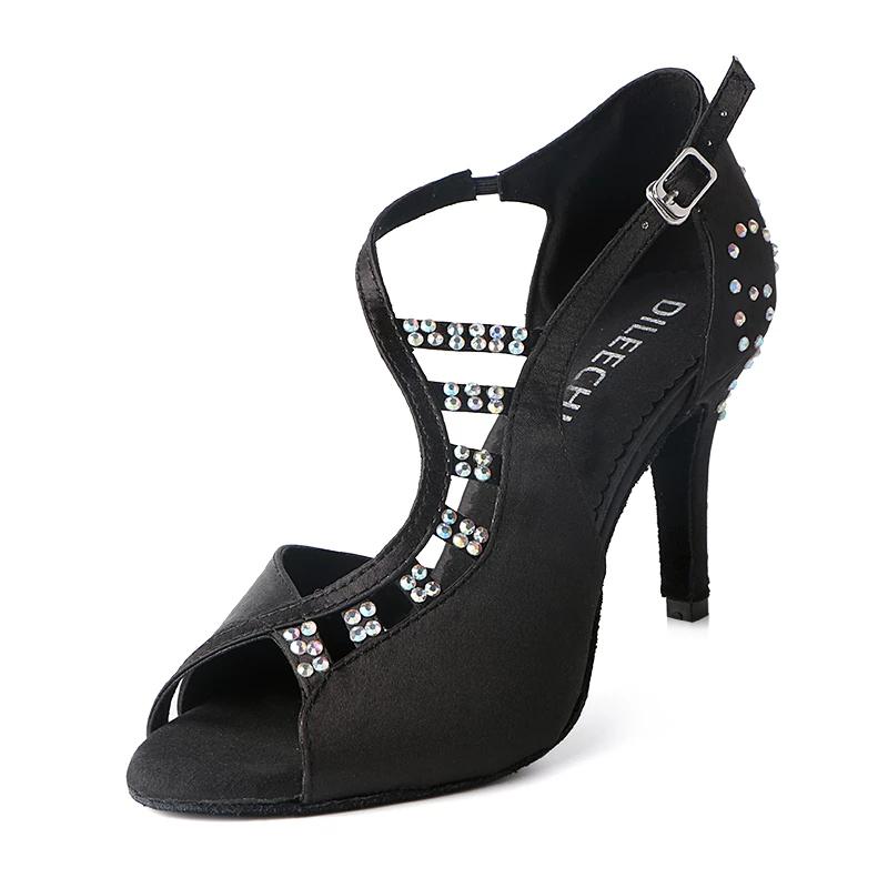 Женская танцевальная обувь DILEECHI, ​​туфли для латинских танцев, женские черные атласные туфли со стразами и мягкой подошвой на тонком каблуке 8,5 см, вечерние туфли для сальсы, туфли для бальных танцев