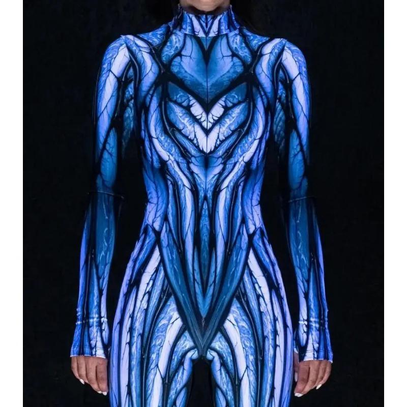 Женский Хэллоуин Комбинезон с длинным рукавом с цифровым принтом, облегающий боди, костюм для косплея