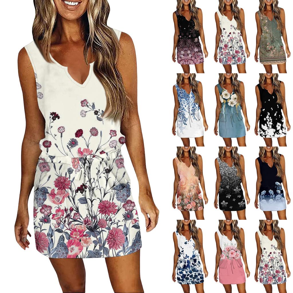 Women's Summer V-Neck Sleeveless Drawstring With Pocket Floral Print Casual Dresses
