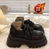 Retro Platform Muffin Black Leather Shoes 2025 New Versatile British Heightening Jk Lace-up Velvet Thermal Loafers