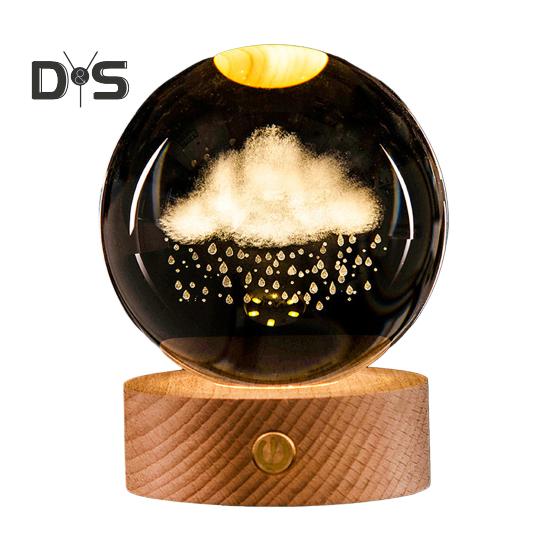 3D прозрачный шарообразный светильник, искусственный хрустальный шар, ночник с деревянной основой, работающий от USB, для декора спальни, гостиной