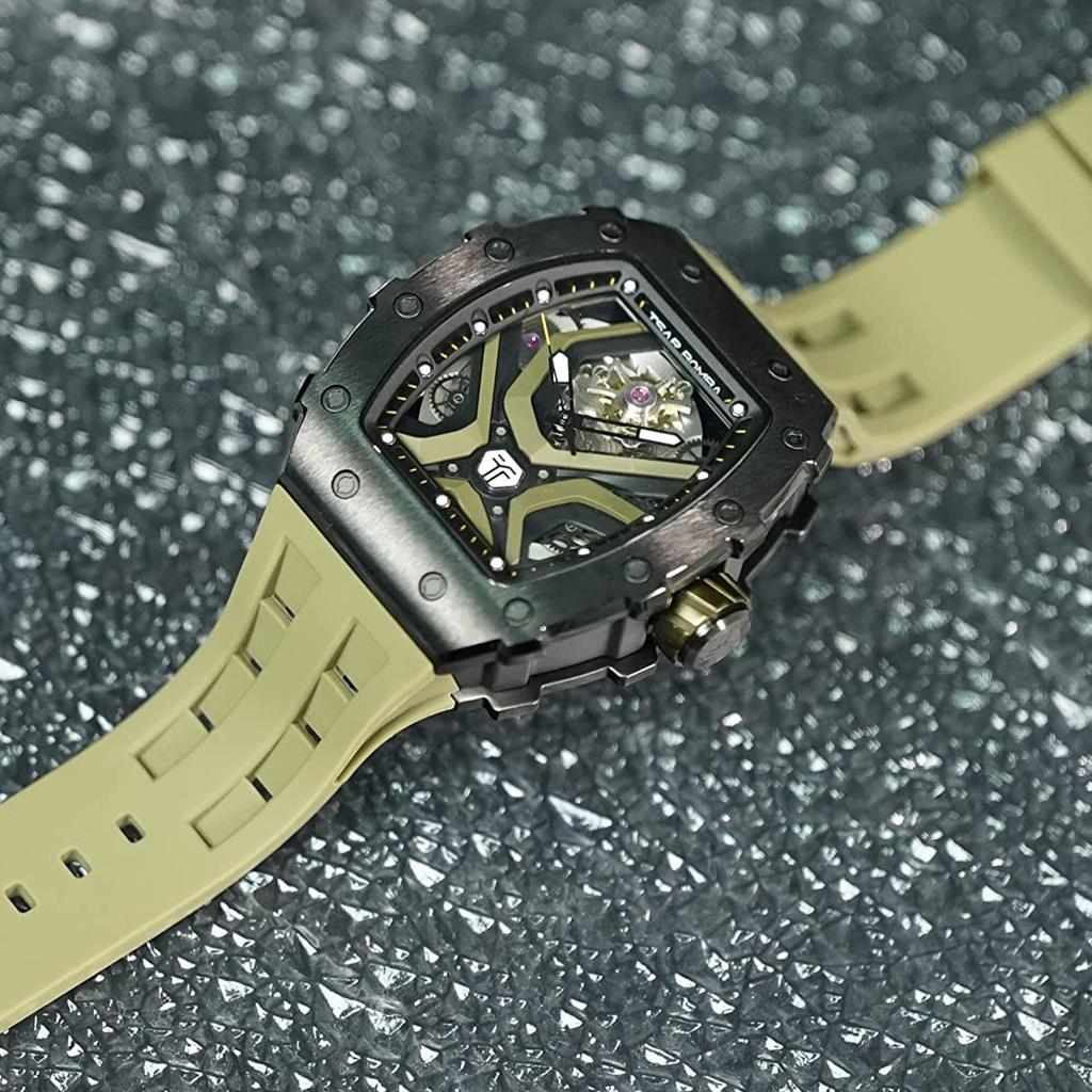 TSAR BOMBA Watch Business 50M Water Resistant Skeleton Watch Stylish Stainless Steel Tonneau Face Arm Watch for Men Luminous Japanese Movement Olive