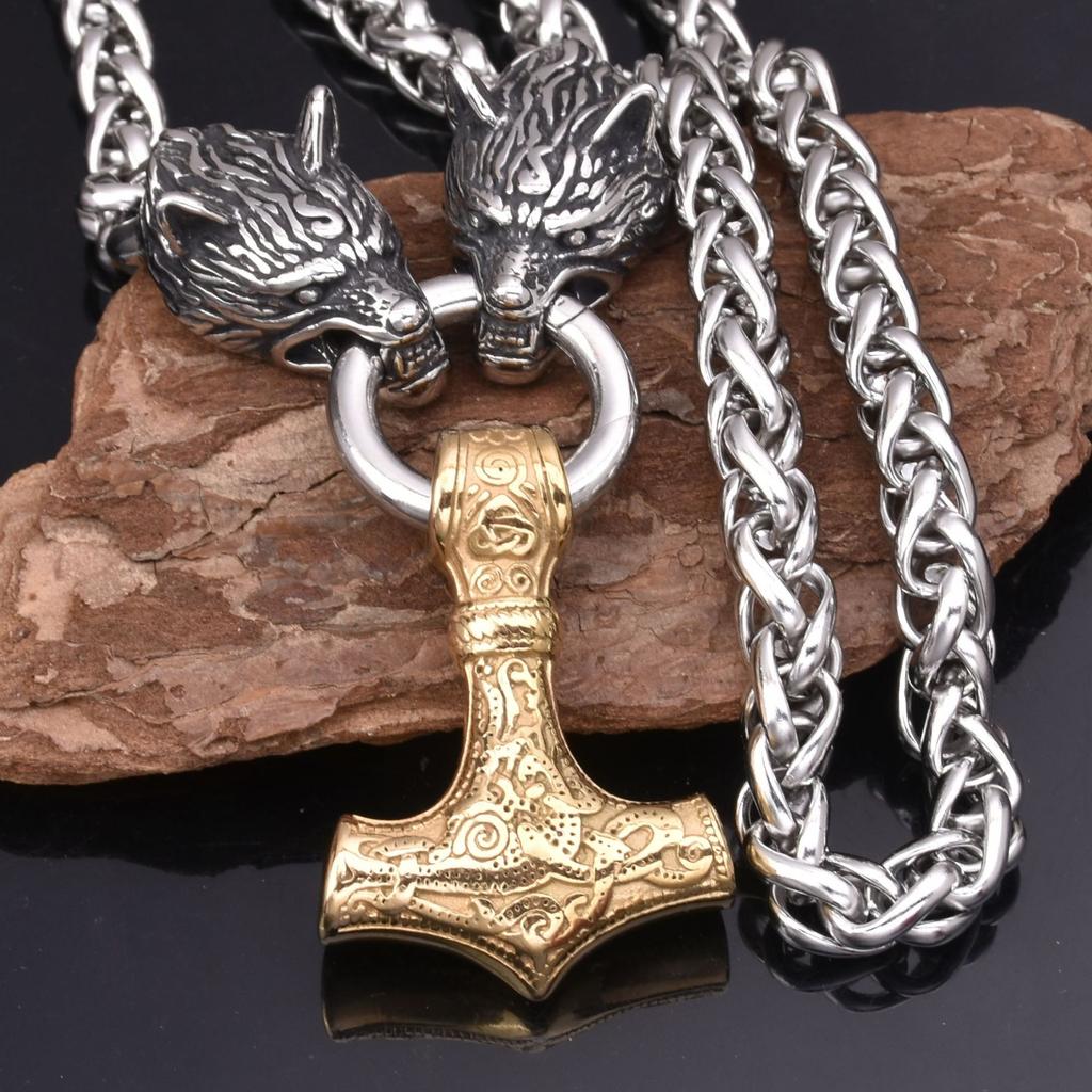 European And American Viking Stainless Steel Wolf Head Thor 'S Hammer Pendant Necklace Men 'S Stainless Steel Necklace Jewelry