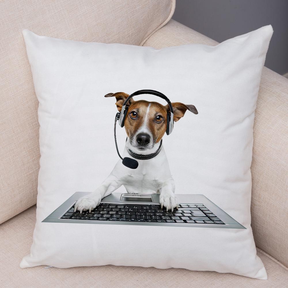 Funny Jack Russell Terrier Cushion Cover Cartoon Dog Wearing Hat Sunglasses Print Soft Living Room Sofa Home Decor Pillow Case