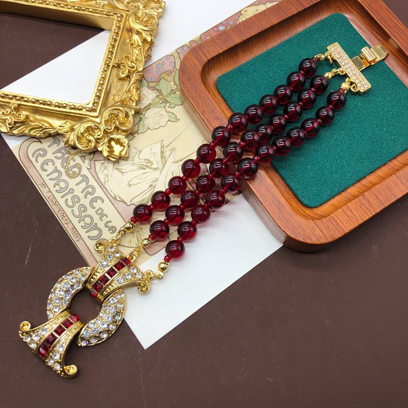 Винтажная многослойная цепочка для свитера из гранатово-красных стеклянных бусин и ожерелье-браслет со стразами