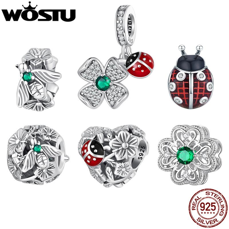 WOSTU 925 Sterling Silver Red Ladybug Charm Lucky Colver Beads Bee Pendant For Original Bracelet DIY Necklace Women Jewelry Make