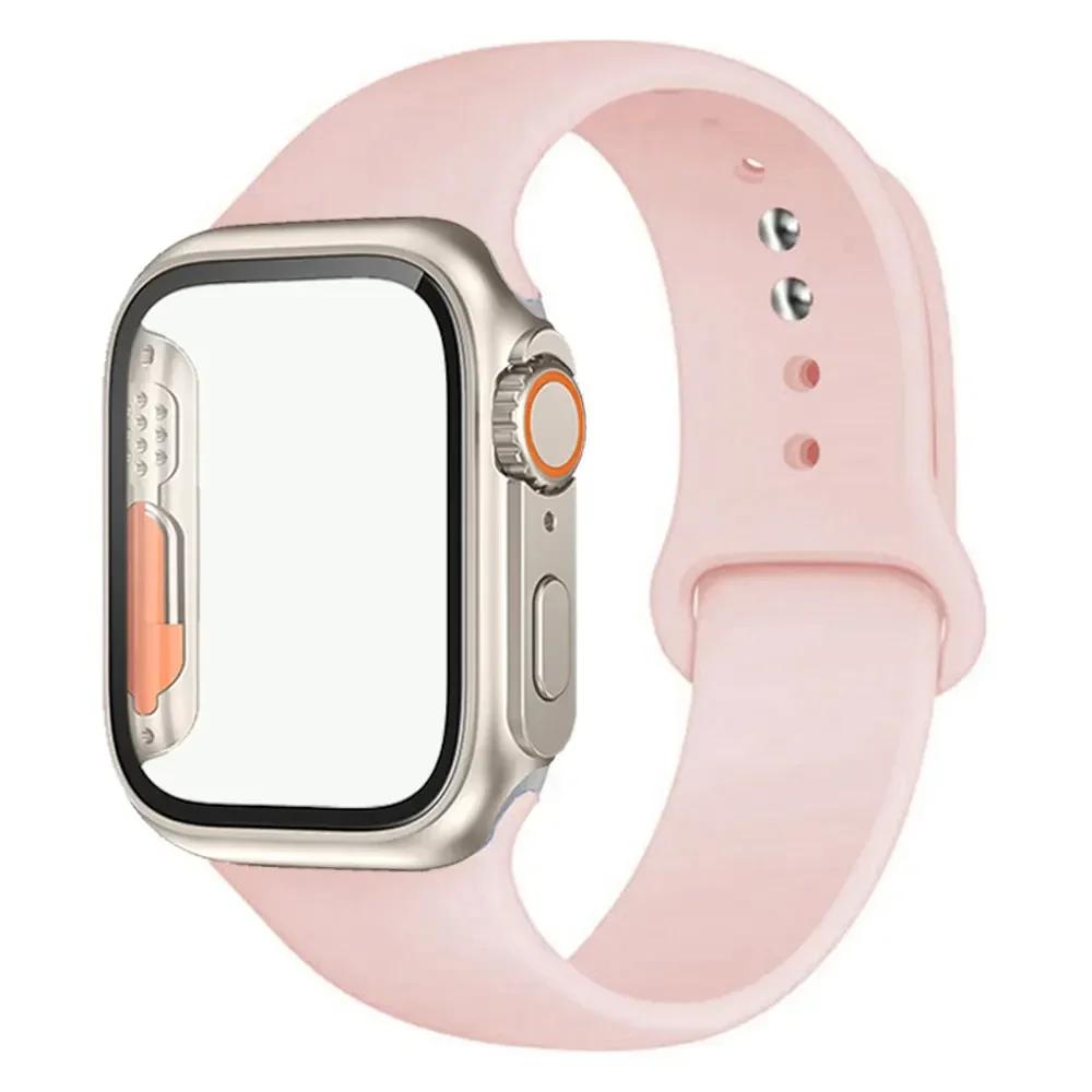 Силиконовый ремешок+Чехол для Apple Watch Band 44 мм 45 мм 41 мм 40 мм Закаленное стекло Cover Изменить на Ultra iWatch Series 9 8 7 SE 6 5 3