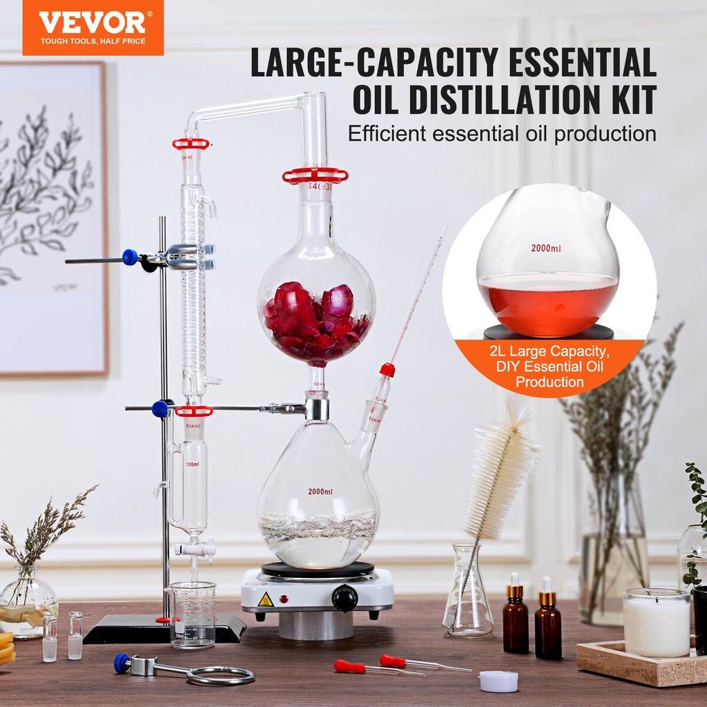 Essential Oil Distillation Kit, 2000ml Distillation Apparatus, 3.3 Boro Lab Glassware Distillation Kit with 1000W Heating Plate and 24, 40 Joint, 28