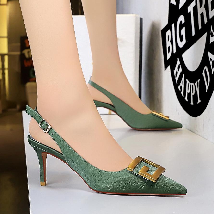 Bigtree European and American Style Banquet Women's Shoes Fine Heel 7cm High Heel Pointed Hollow Metal Square Buckle Single Shoes