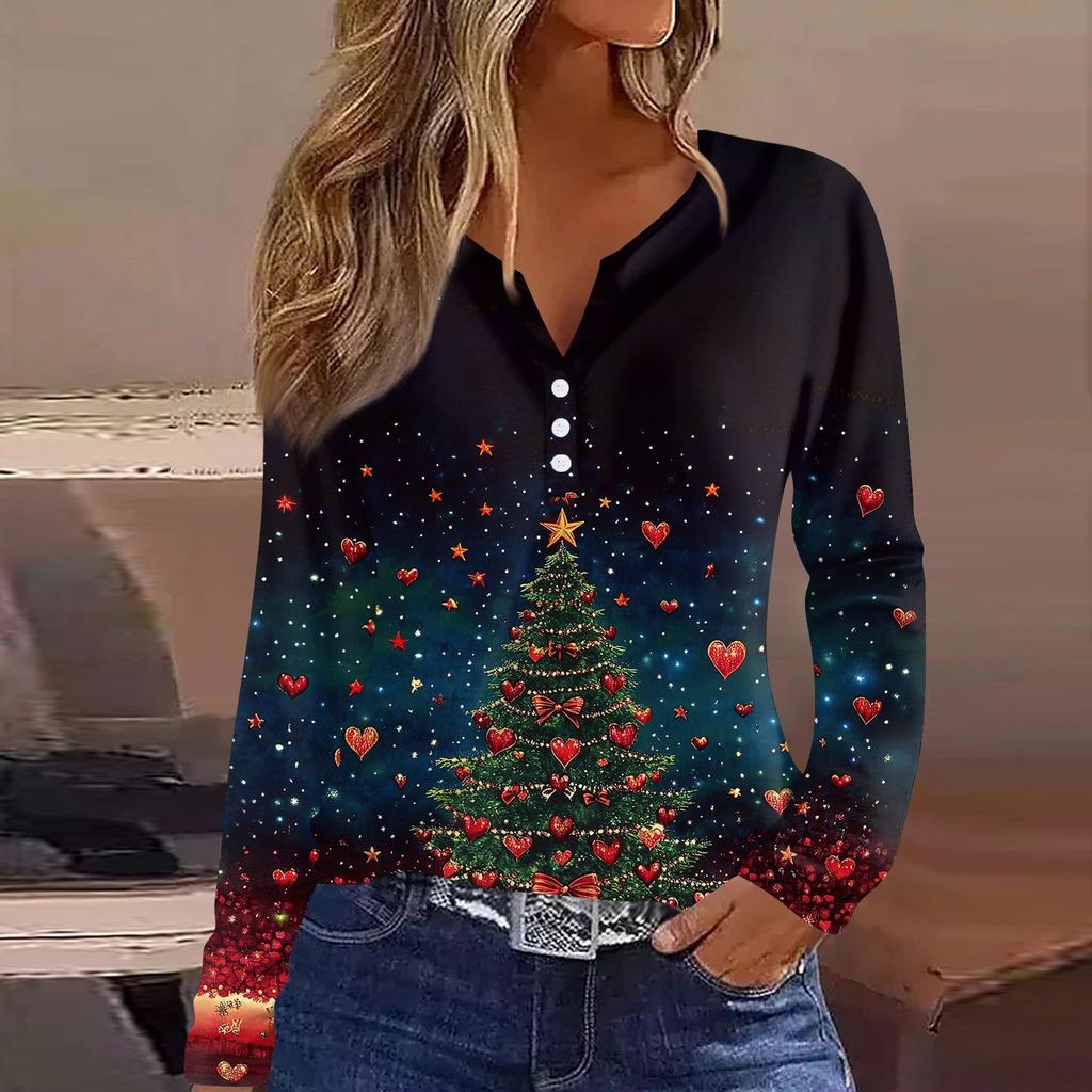 Женская футболка с рождественским принтом на пуговицах с длинным рукавом, повседневная, выходного дня, модная, базовая, с V-образным вырезом, обычная