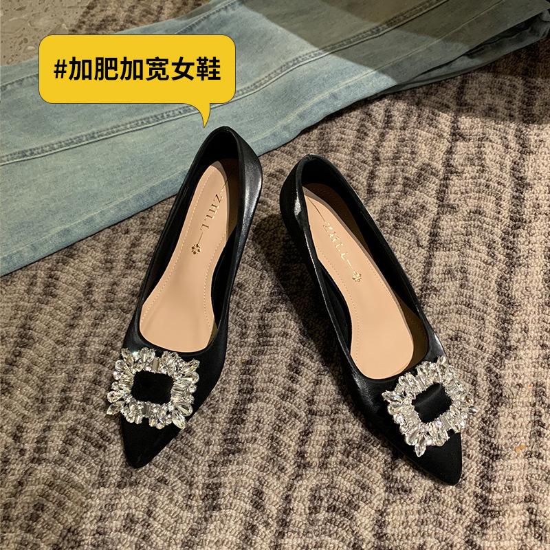  Rhinestone square buckle women's single shoes pointed head shallow mouth high heels widened and fattened large size women's shoes 
