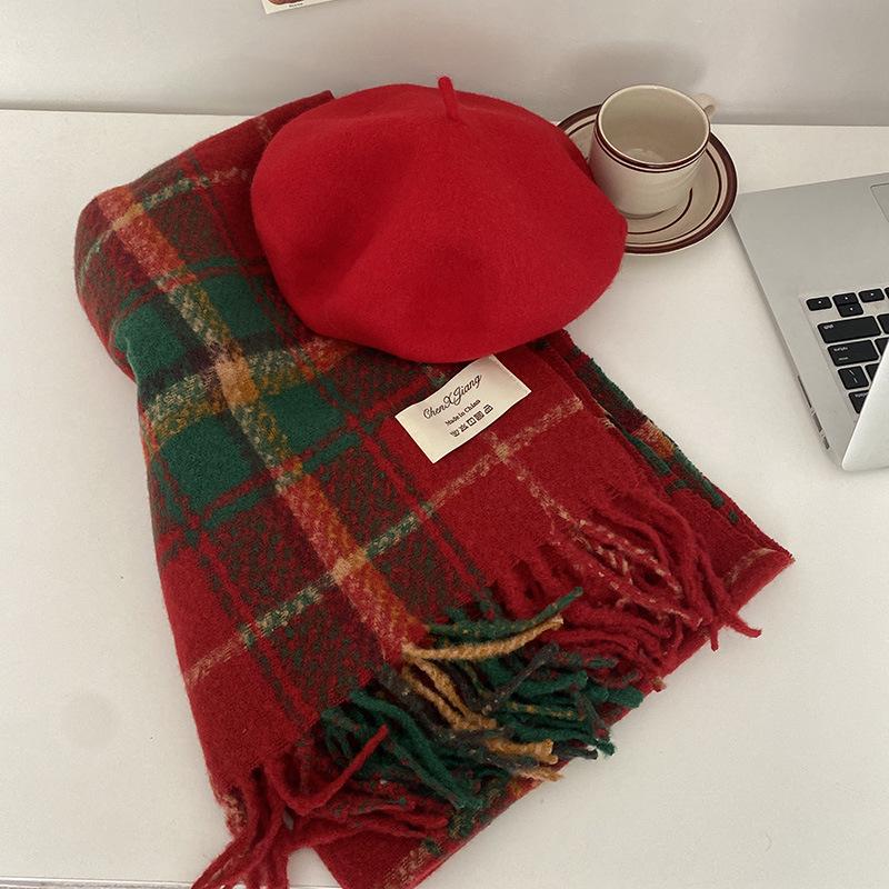 2024 Red Plaid New Year Scarf: High-End Christmas Style, Warm Retro Shawl Neck Warmer for Women and Students