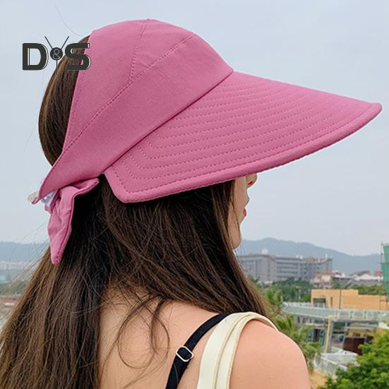 Women Outdoor Hat Long Brim Face Protection Adjustable Circumference Empty Top Pure Color Lightweight Gardening Travel Sun Cap