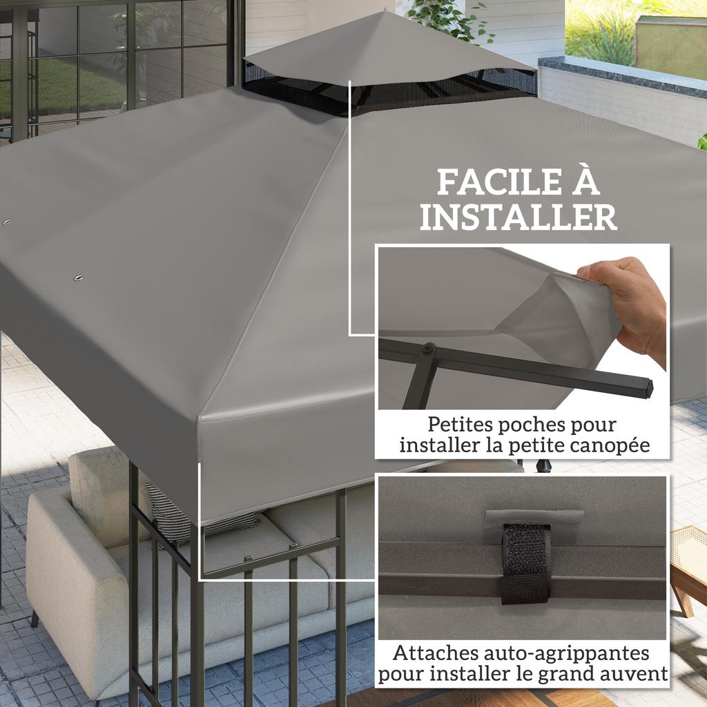 Gazebo canopy 3 x 3 m replacement canopy for 2-tier gazebo UPF30+ protection drainage holes grey