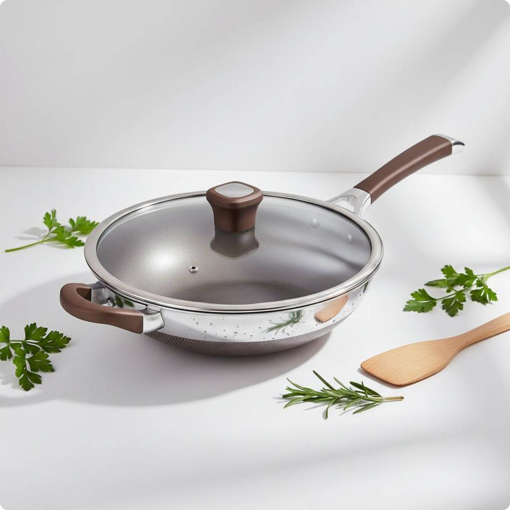 Stainless Steel Frying Pan No Coating Frying Pans with Lids Titanium Coated Skillet Easy to Clean Cookware Healthy Cooking