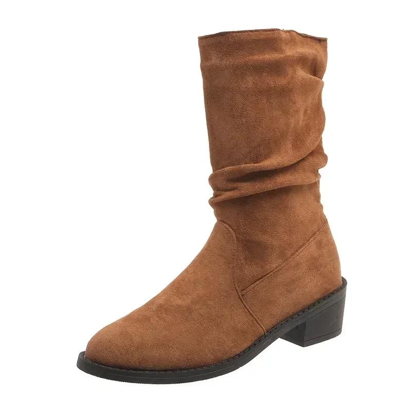 Распродажа женской обуви. Женские сапоги с рукавами. Осенние замшевые сапоги с круглым носком. Модные сапоги средней длины на толстом каблуке. Zapatos De Mujer.