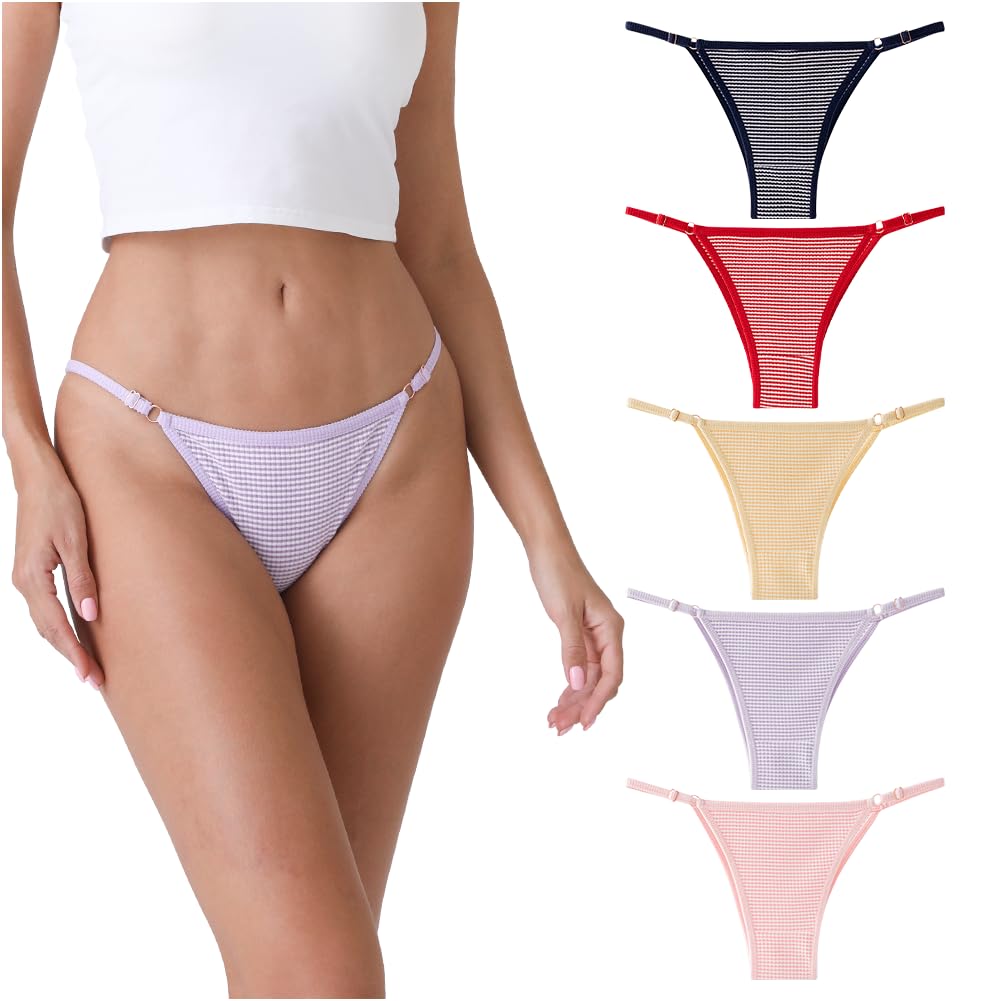 TUOTISI Adjustable Bare Check Pattern Women's T-Back Panties, Cotton, Half-Back, Non-Slip, Comfortable, Sexy, Straps, Bikini/Thong, Smooth, Skin,