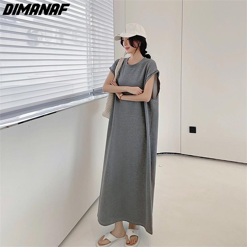 Dimanaf Женское платье больших размеров 2023, новое летнее однотонное платье, длинное платье-футболка, свободные модные базовые платья макси большого размера