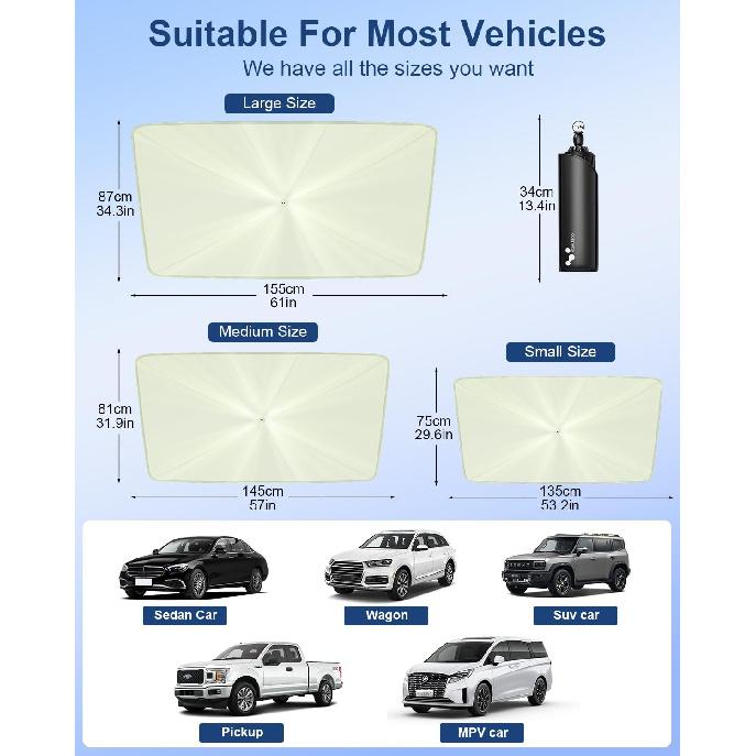 helloleiboo [2025 Upgraded] Car Windshield Sun Shade Umbrella 57"x 32" Windshield Sun Shade Foldable 5-Layer Thickened Vinyl Coating Reflective
