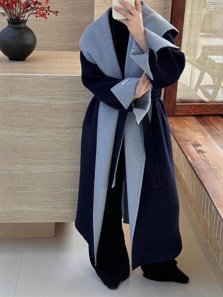 Женское двустороннее шерстяное пальто Cloud Floss: Пальто с капюшоном и поясом на талии, с широким лацканом, свободного кроя, утолщенное, подчеркивающее темперамент.