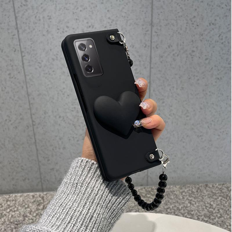 Fashion Blue Black Love Heart Pc Case With Wrist Lanyard Beads Bracelet Chain For Samsung Galaxy Fold Z Fold 2 3 4 5g