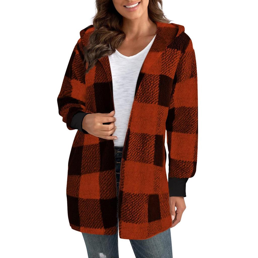 Женские зимние пальто, теплые плюшевые куртки, открытый спереди, длинный рукав, кардиган, модная клетчатая пушистая верхняя одежда