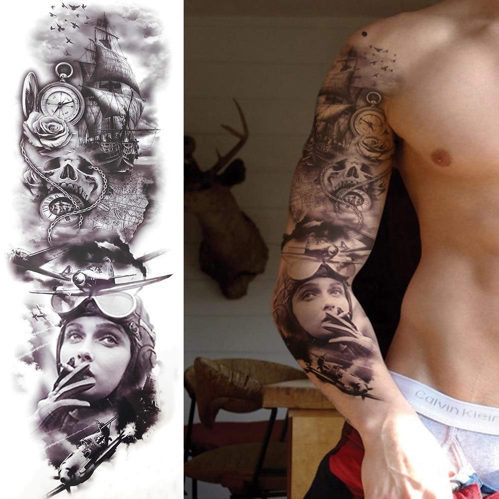 3D Солдат ВВС Вся Рука Временные Татуировки Наклейка Для Мужчин Женщин Взрослых Военный Корабль Компас Поддельный Рукав Татуировки Татуировки Бедро